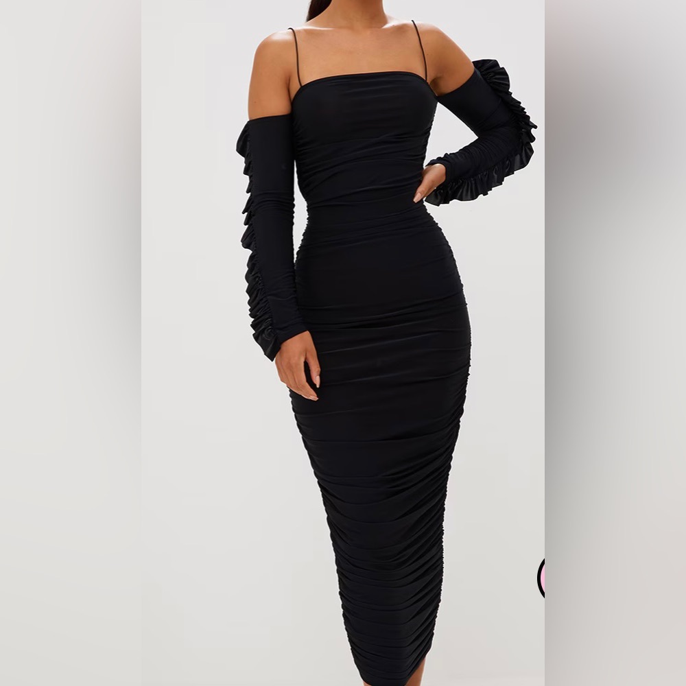 Black Ruched Cold Shoulder Midi Dress